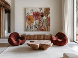 Contemporary Botanical Cream II by Silvia Vassileva. Shown as extra-large giant wall art in a modern living room. Available as an archival giclee rolled canvas, fine art paper, or poster print. SKU 26500a.