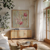 Contemporary Chinoiserie by Silvia Vassileva. Shown in a natural wood frame in a cozy modern living room. Available as an archival giclee rolled canvas, fine art paper, or poster print. SKU 62964a.