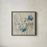 Contemporary Chinoiserie Blue by Silvia Vassileva. Shown in a sleek black glass frame for a contemporary gallery look. Available as an archival giclee rolled canvas, fine art paper, or poster print. SKU 65021a.