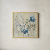 Contemporary Chinoiserie Blue by Silvia Vassileva. Shown in a natural wood glass frame for a timeless modern aesthetic. Available as an archival giclee rolled canvas, fine art paper, or poster print. SKU 65021a.