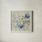 Contemporary Chinoiserie Blue by Silvia Vassileva. Shown in a crisp white glass frame for a clean and minimalist style. Available as an archival giclee rolled canvas, fine art paper, or poster print. SKU 65021a.