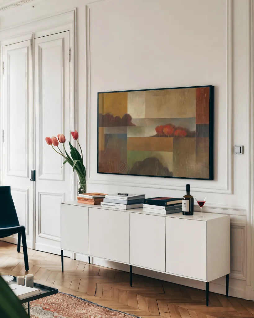 Contemporary Landscape by Silvia Vassileva. shown as a framed stretched canvas in a living room above a console. Available as a archival giclee rolled canvas, fine art paper, or poster print. SKU 60309i.