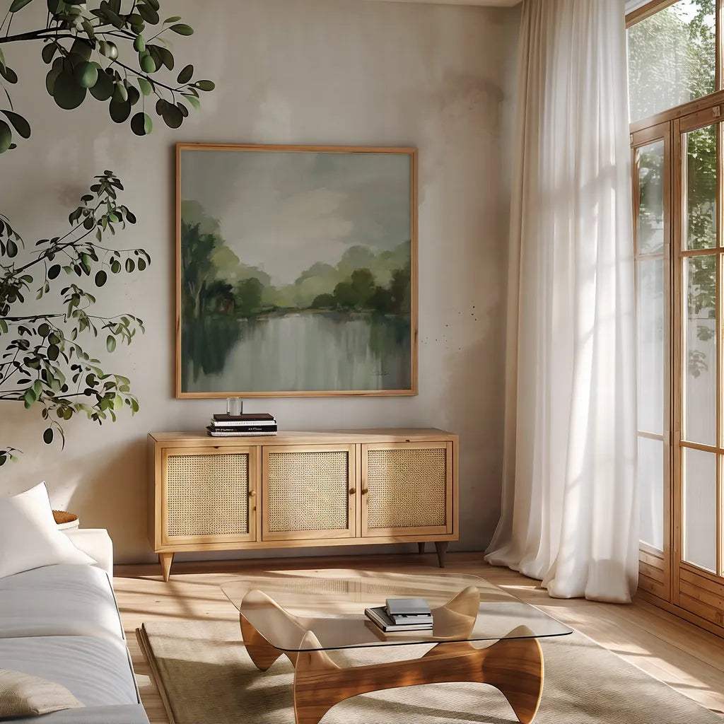 Cool Spring Day Light by Silvia Vassileva. Shown in a natural wood frame in a cozy modern living room. Available as an archival giclee rolled canvas, fine art paper, or poster print. SKU 75508a.