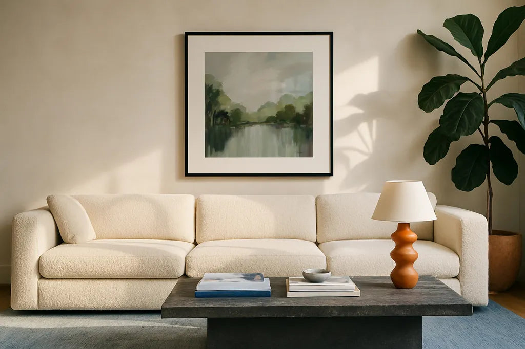 Cool Spring Day Light by Silvia Vassileva. Displayed in a glass frame with matte in a clean modern living room. Available as an archival giclee rolled canvas, fine art paper, or poster print. SKU 75508a.