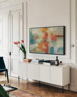 Coral Reef by Silvia Vassileva. shown as a framed stretched canvas in a living room above a console. Available as a archival giclee rolled canvas, fine art paper, or poster print. SKU 18559i.