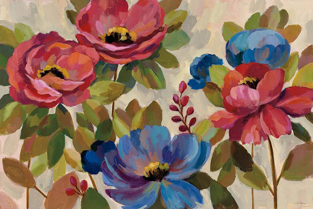 Coral and Blue Flowers by Silvia Vassileva. SKU 20559i. Archival Giclee Fine art print for wall decor.