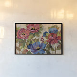 Coral and Blue Flowers by Silvia Vassileva. shown as a paper print in a black flame. Available as a archival giclee rolled canvas, fine art paper, or poster print. SKU 20559i.