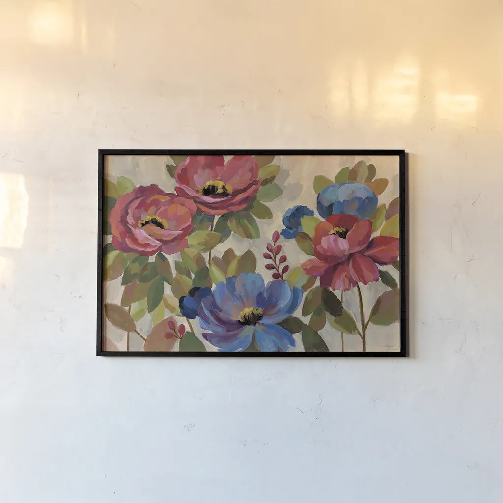 Coral and Blue Flowers by Silvia Vassileva. shown as a paper print in a black flame. Available as a archival giclee rolled canvas, fine art paper, or poster print. SKU 20559i.