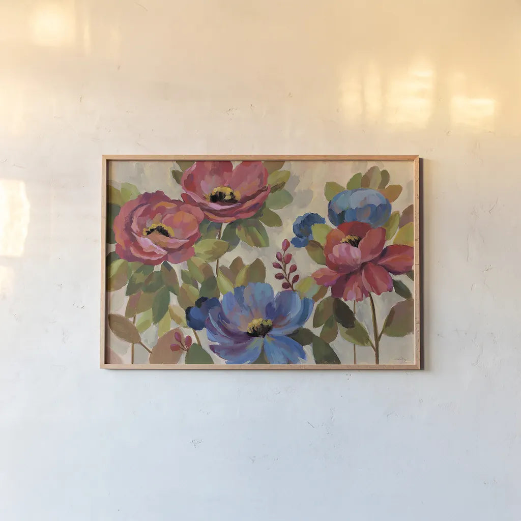 Coral and Blue Flowers by Silvia Vassileva. shown as a paper print in a natural frame. Available as a archival giclee rolled canvas, fine art paper, or poster print. SKU 20559i.