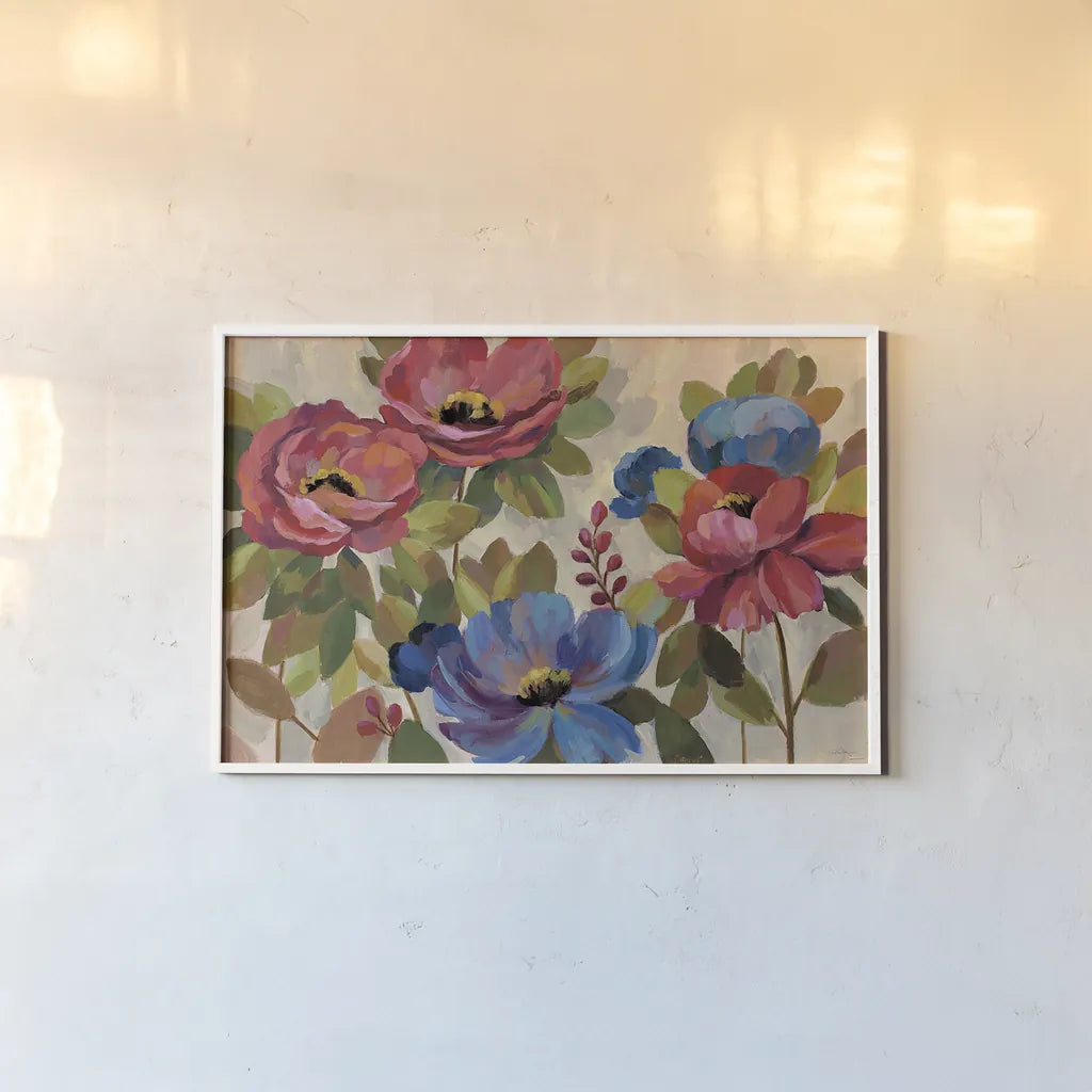 Coral and Blue Flowers by Silvia Vassileva. shown as a paper print in a white frame. Available as a archival giclee rolled canvas, fine art paper, or poster print. SKU 20559i.