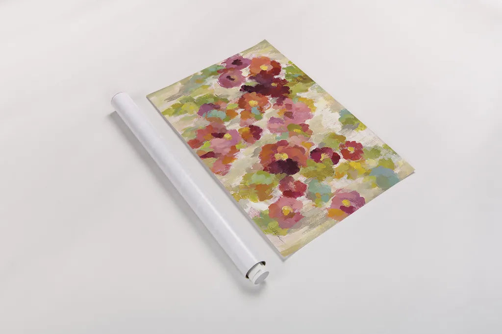 Coral and Emerald Garden I by Silvia Vassileva. shown as a rolled paper print. Available as archival giclee rolled canvas, fine art paper, or poster print. SKU 21588i.