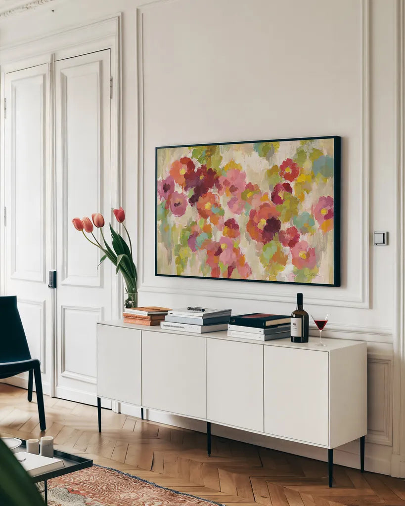 Coral and Emerald Garden I by Silvia Vassileva. shown as a framed stretched canvas in a living room above a console. Available as a archival giclee rolled canvas, fine art paper, or poster print. SKU 21588i.
