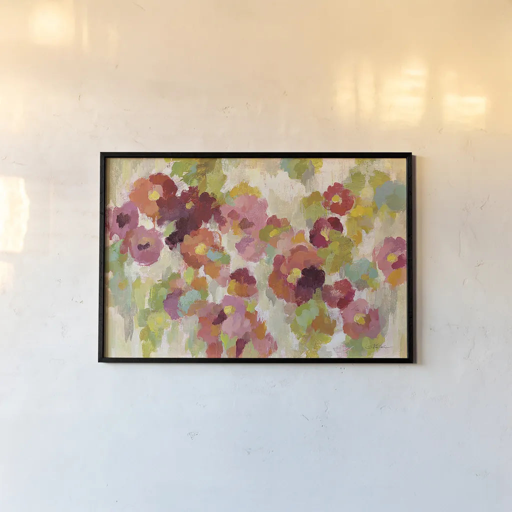 Coral and Emerald Garden I by Silvia Vassileva. shown as a paper print in a black flame. Available as a archival giclee rolled canvas, fine art paper, or poster print. SKU 21588i.