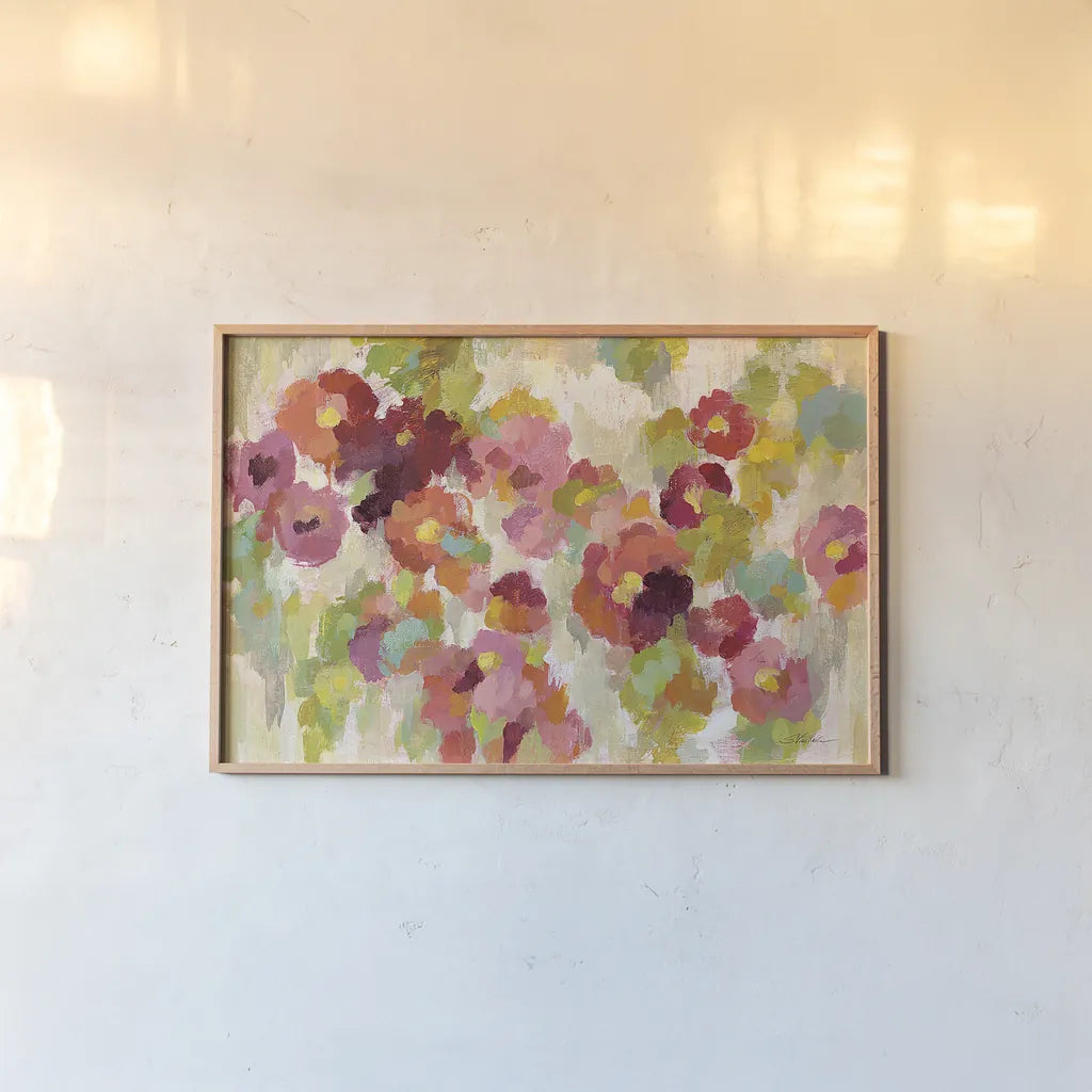 Coral and Emerald Garden I by Silvia Vassileva. shown as a paper print in a natural frame. Available as a archival giclee rolled canvas, fine art paper, or poster print. SKU 21588i.