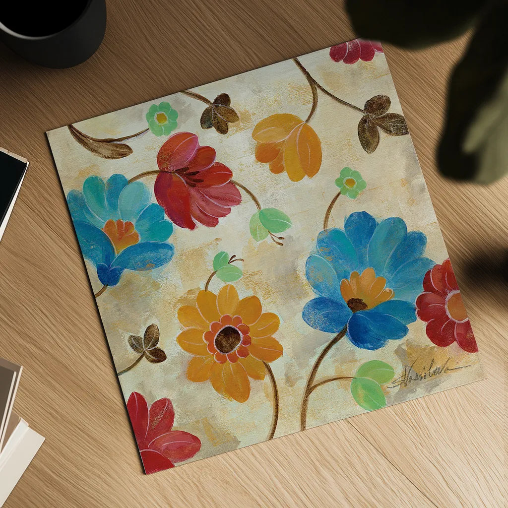 Coral and Teal Garden I by Silvia Vassileva. Shown as a detailed flat fine art print, highlighting archival giclee quality. Available as an archival giclee rolled canvas, fine art paper, or poster print. SKU 18795a.