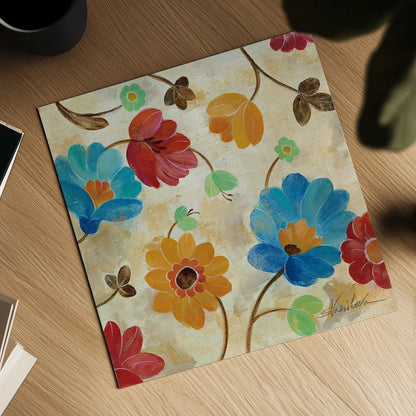 Coral and Teal Garden I by Silvia Vassileva. Shown as a detailed flat fine art print, highlighting archival giclee quality. Available as an archival giclee rolled canvas, fine art paper, or poster print. SKU 18795a.