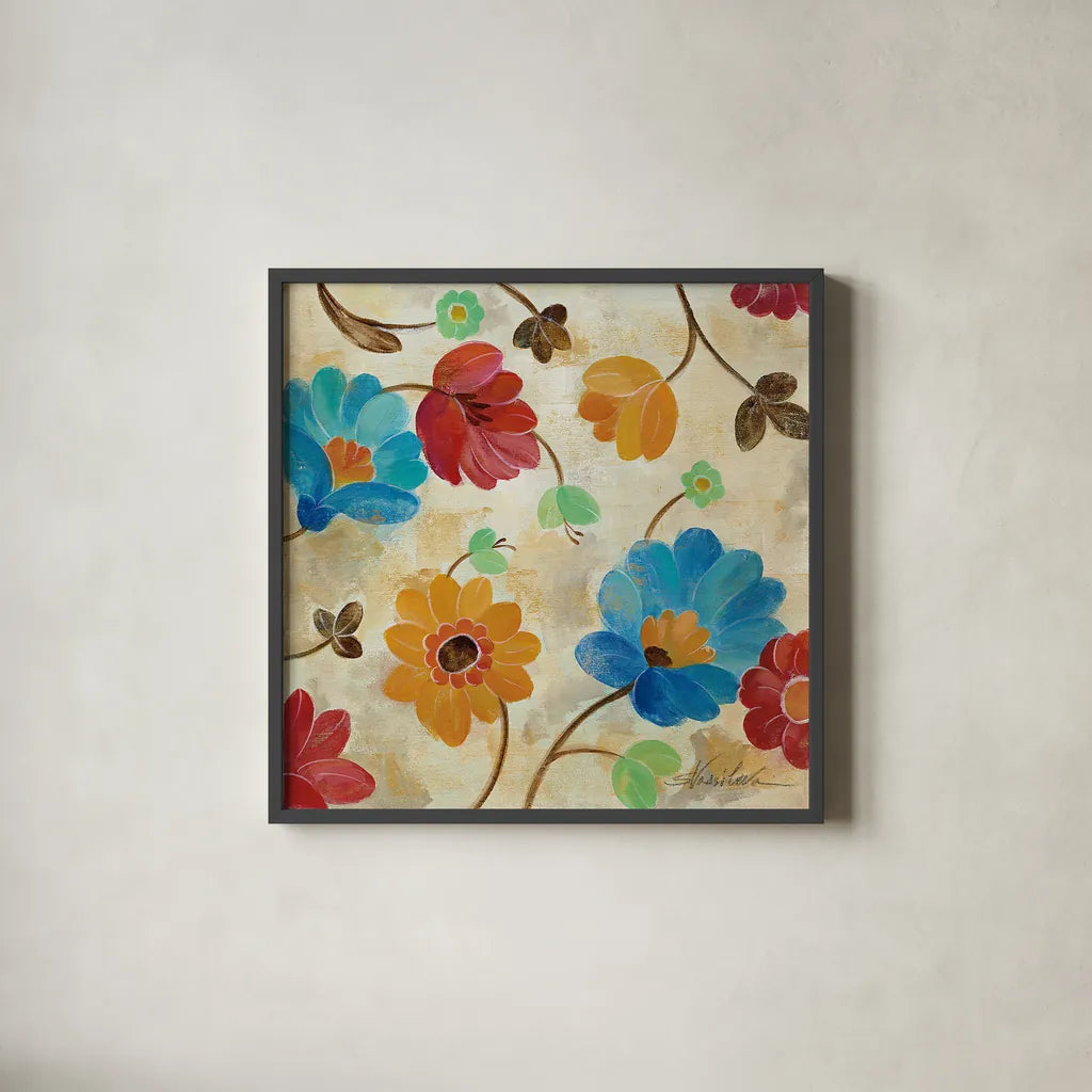 Coral and Teal Garden I by Silvia Vassileva. Shown in a sleek black glass frame for a contemporary gallery look. Available as an archival giclee rolled canvas, fine art paper, or poster print. SKU 18795a.