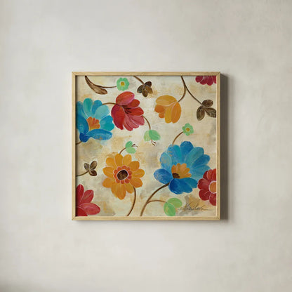 Coral and Teal Garden I by Silvia Vassileva. Shown in a natural wood glass frame for a timeless modern aesthetic. Available as an archival giclee rolled canvas, fine art paper, or poster print. SKU 18795a.