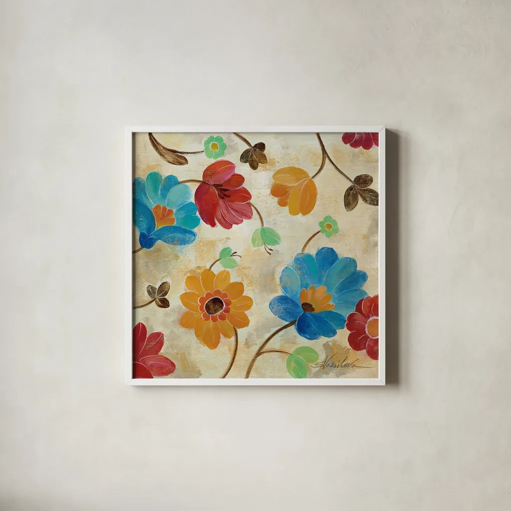 Coral and Teal Garden I by Silvia Vassileva. Shown in a crisp white glass frame for a clean and minimalist style. Available as an archival giclee rolled canvas, fine art paper, or poster print. SKU 18795a.