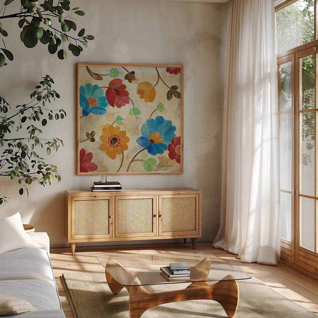 Coral and Teal Garden I by Silvia Vassileva. Shown in a natural wood frame in a cozy modern living room. Available as an archival giclee rolled canvas, fine art paper, or poster print. SKU 18795a.