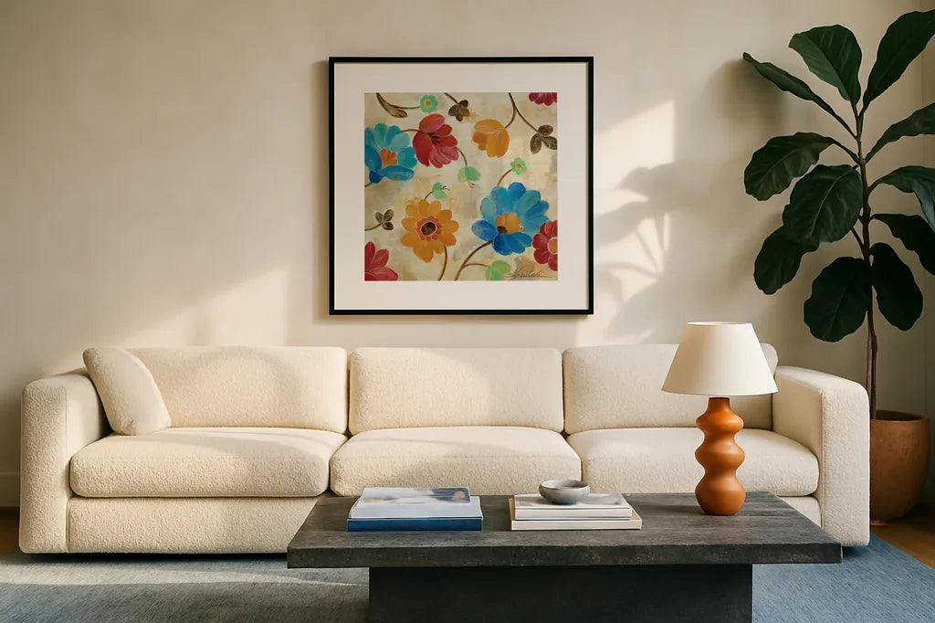 Coral and Teal Garden I by Silvia Vassileva. Displayed in a glass frame with matte in a clean modern living room. Available as an archival giclee rolled canvas, fine art paper, or poster print. SKU 18795a.