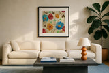 Coral and Teal Garden I by Silvia Vassileva. Displayed in a glass frame with matte in a clean modern living room. Available as an archival giclee rolled canvas, fine art paper, or poster print. SKU 18795a.
