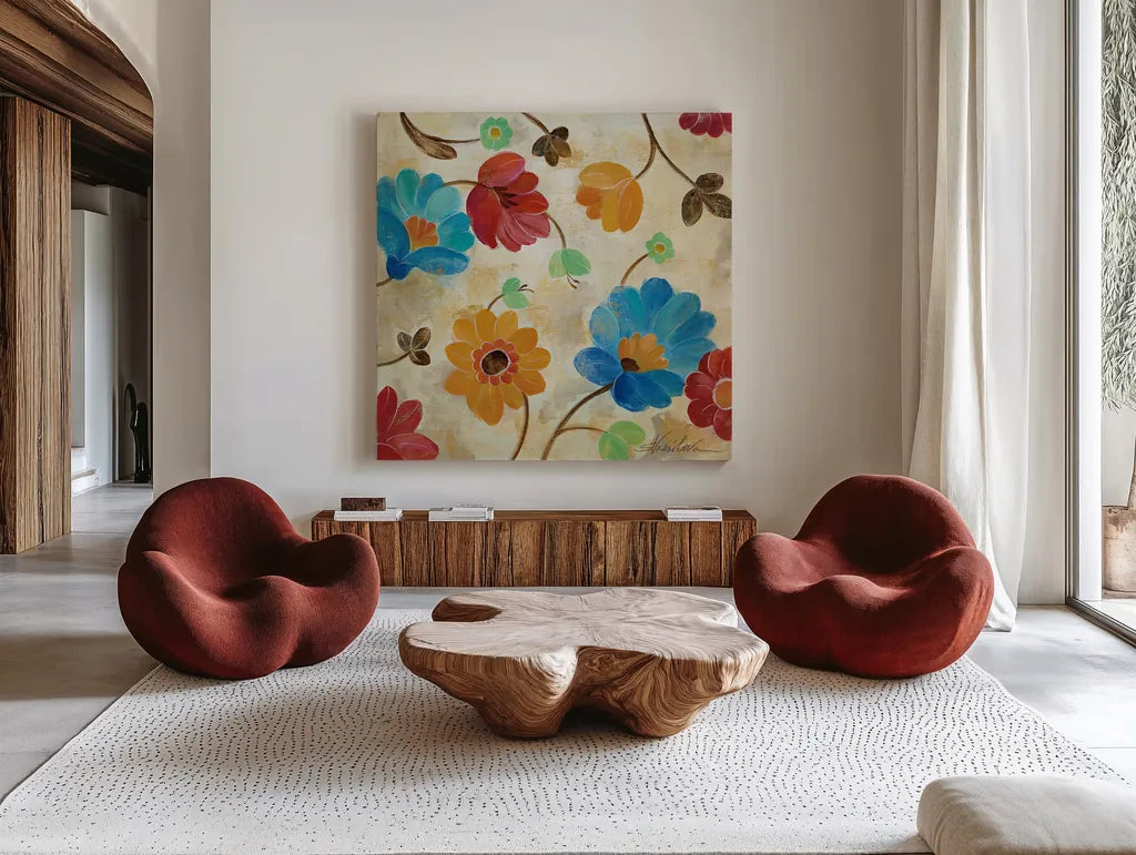 Coral and Teal Garden I by Silvia Vassileva. Shown as extra-large giant wall art in a modern living room. Available as an archival giclee rolled canvas, fine art paper, or poster print. SKU 18795a.
