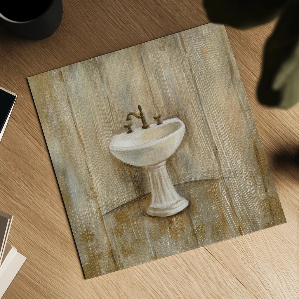 Cottage Bathroom II by Silvia Vassileva. Shown as a detailed flat fine art print, highlighting archival giclee quality. Available as an archival giclee rolled canvas, fine art paper, or poster print. SKU 49260a.