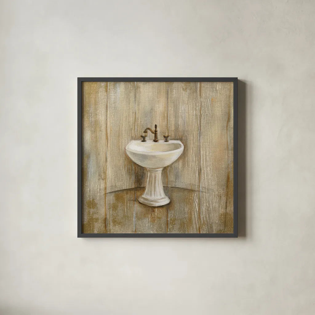 Cottage Bathroom II by Silvia Vassileva. Shown in a sleek black glass frame for a contemporary gallery look. Available as an archival giclee rolled canvas, fine art paper, or poster print. SKU 49260a.