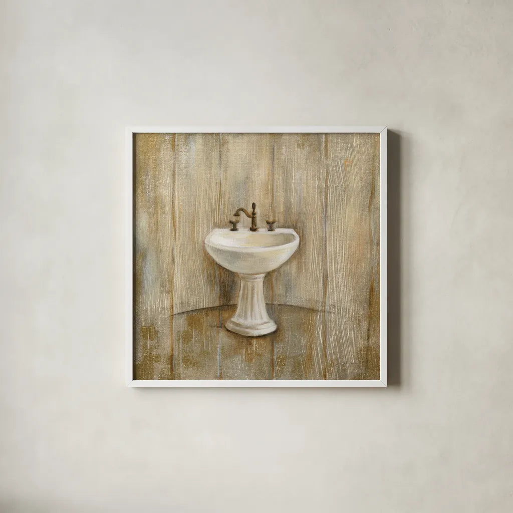 Cottage Bathroom II by Silvia Vassileva. Shown in a crisp white glass frame for a clean and minimalist style. Available as an archival giclee rolled canvas, fine art paper, or poster print. SKU 49260a.