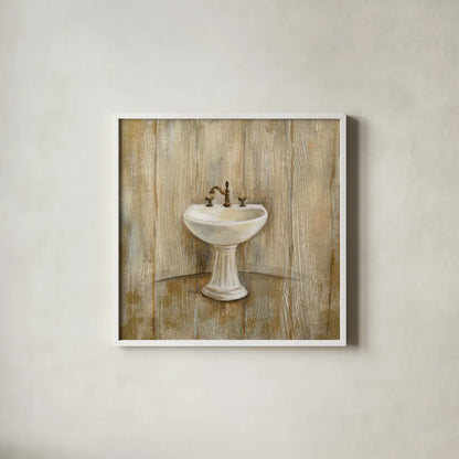 Cottage Bathroom II by Silvia Vassileva. Shown in a crisp white glass frame for a clean and minimalist style. Available as an archival giclee rolled canvas, fine art paper, or poster print. SKU 49260a.