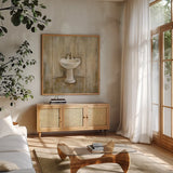 Cottage Bathroom II by Silvia Vassileva. Shown in a natural wood frame in a cozy modern living room. Available as an archival giclee rolled canvas, fine art paper, or poster print. SKU 49260a.