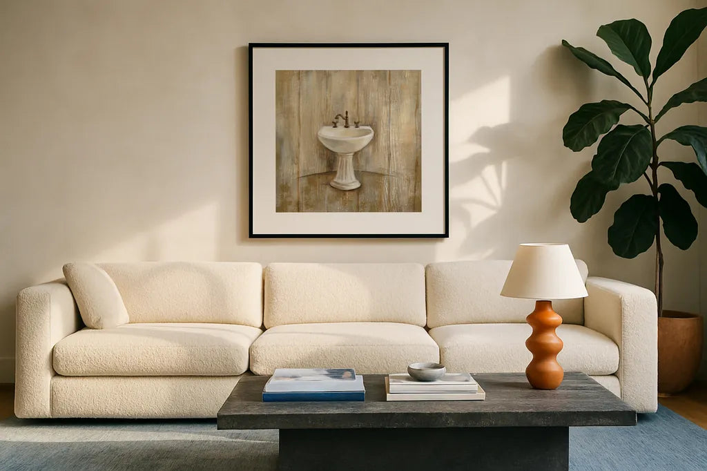 Cottage Bathroom II by Silvia Vassileva. Displayed in a glass frame with matte in a clean modern living room. Available as an archival giclee rolled canvas, fine art paper, or poster print. SKU 49260a.