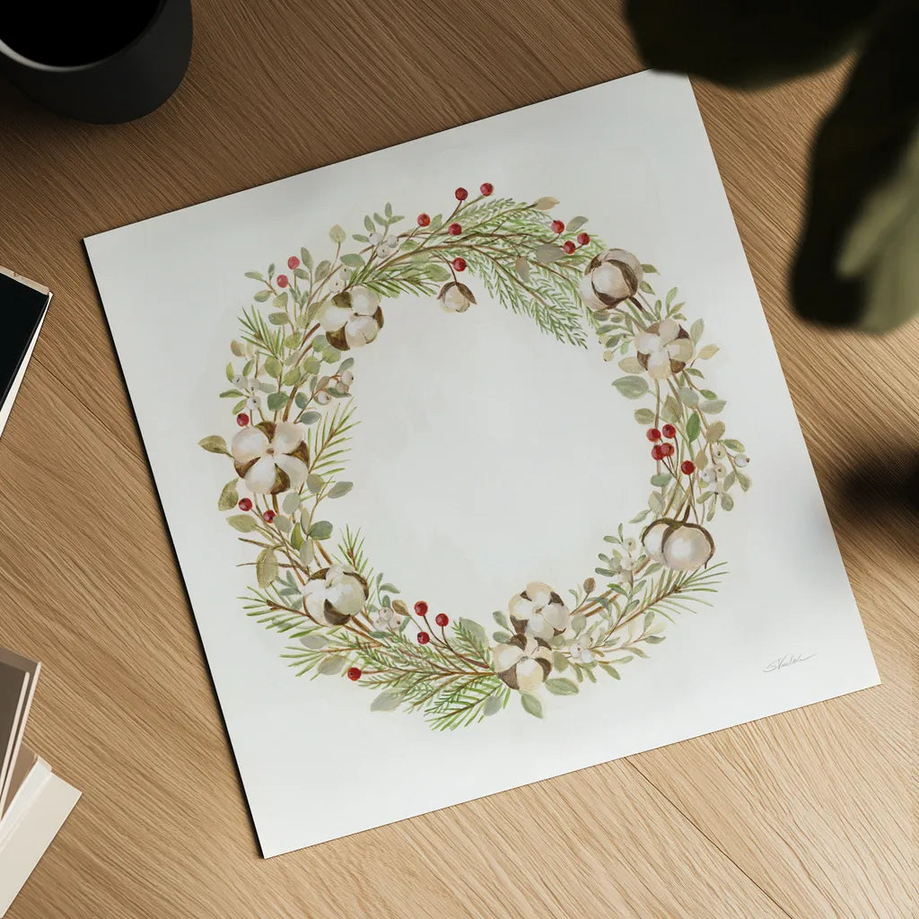 Cotton Wreath by Silvia Vassileva. Shown as a detailed flat fine art print, highlighting archival giclee quality. Available as an archival giclee rolled canvas, fine art paper, or poster print. SKU 65237a.
