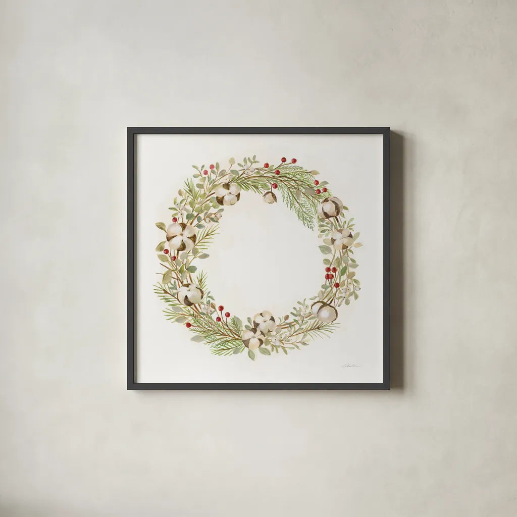 Cotton Wreath by Silvia Vassileva. Shown in a sleek black glass frame for a contemporary gallery look. Available as an archival giclee rolled canvas, fine art paper, or poster print. SKU 65237a.