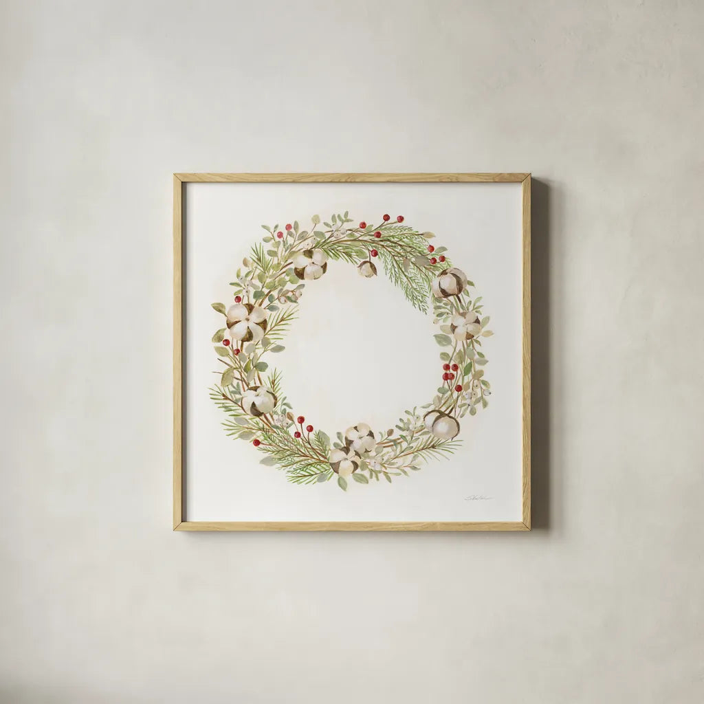 Cotton Wreath by Silvia Vassileva. Shown in a natural wood glass frame for a timeless modern aesthetic. Available as an archival giclee rolled canvas, fine art paper, or poster print. SKU 65237a.