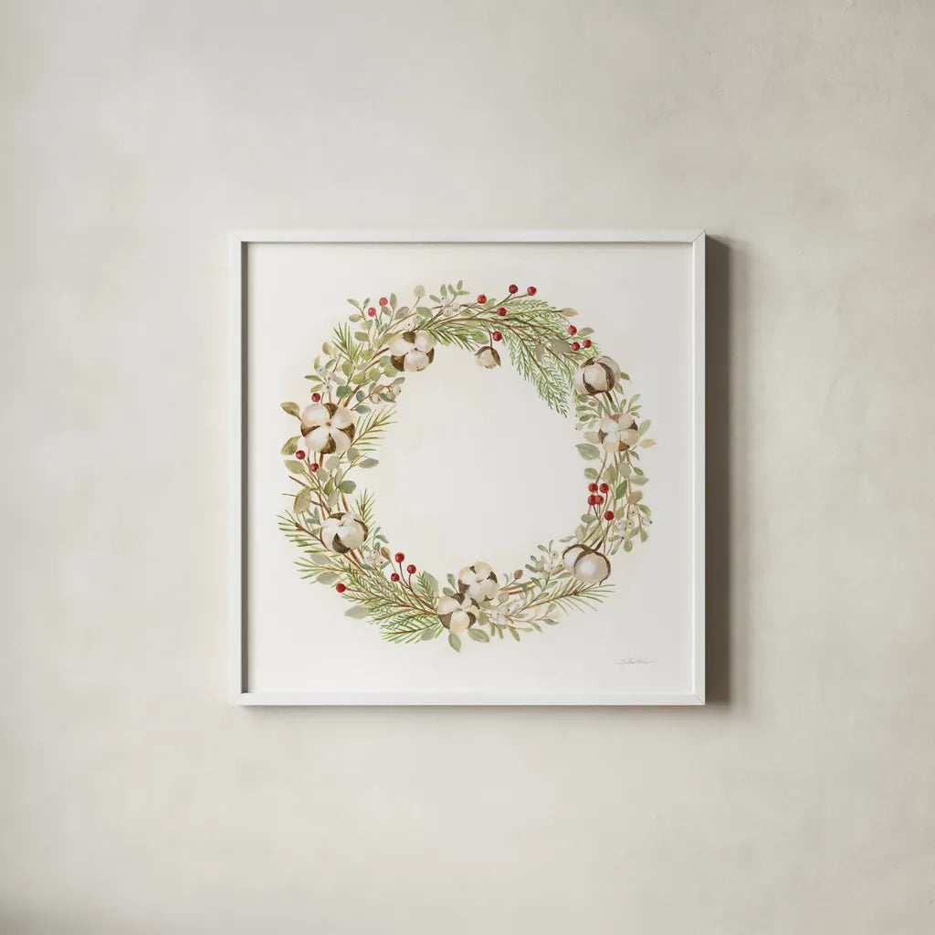 Cotton Wreath by Silvia Vassileva. Shown in a crisp white glass frame for a clean and minimalist style. Available as an archival giclee rolled canvas, fine art paper, or poster print. SKU 65237a.