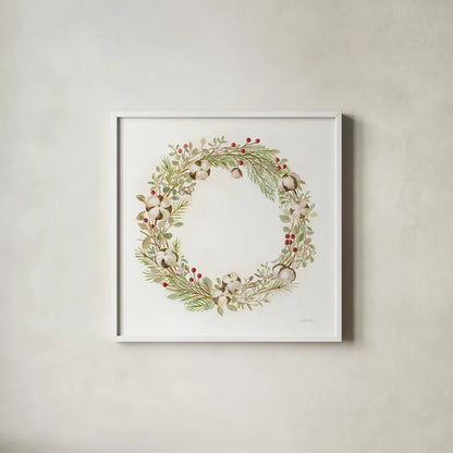 Cotton Wreath by Silvia Vassileva. Shown in a crisp white glass frame for a clean and minimalist style. Available as an archival giclee rolled canvas, fine art paper, or poster print. SKU 65237a.