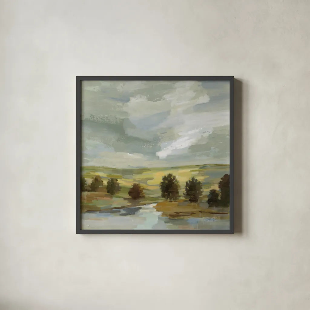 Country Landscape by Silvia Vassileva. Shown in a sleek black glass frame for a contemporary gallery look. Available as an archival giclee rolled canvas, fine art paper, or poster print. SKU 68576a.
