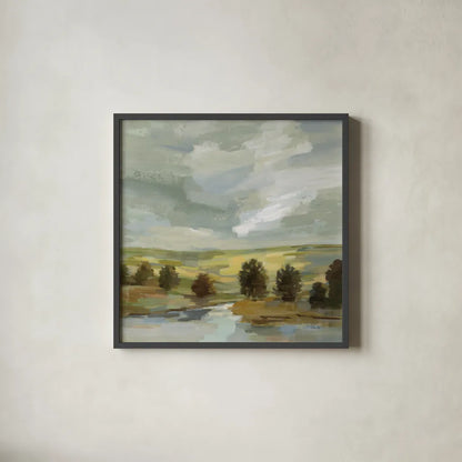 Country Landscape by Silvia Vassileva. Shown in a sleek black glass frame for a contemporary gallery look. Available as an archival giclee rolled canvas, fine art paper, or poster print. SKU 68576a.