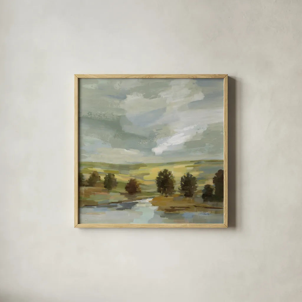 Country Landscape by Silvia Vassileva. Shown in a natural wood glass frame for a timeless modern aesthetic. Available as an archival giclee rolled canvas, fine art paper, or poster print. SKU 68576a.