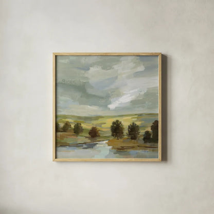 Country Landscape by Silvia Vassileva. Shown in a natural wood glass frame for a timeless modern aesthetic. Available as an archival giclee rolled canvas, fine art paper, or poster print. SKU 68576a.