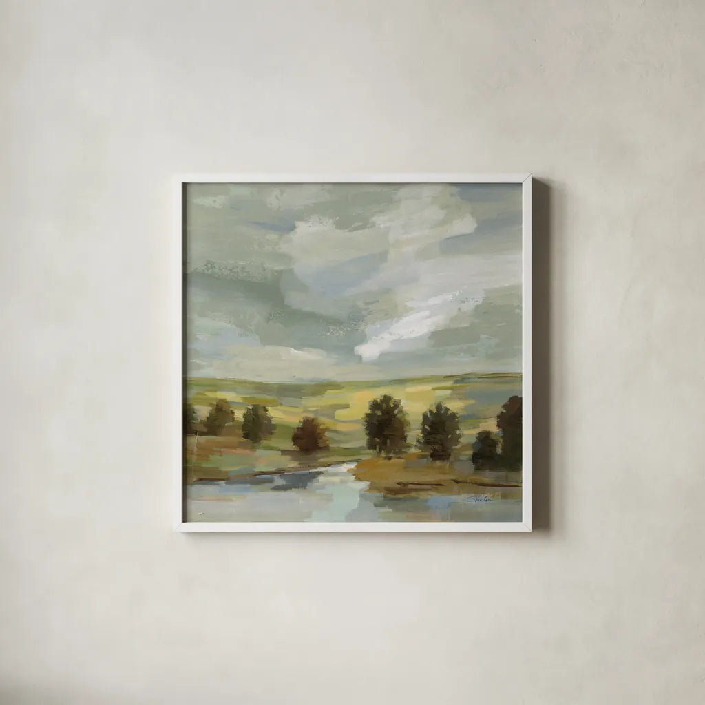 Country Landscape by Silvia Vassileva. Shown in a crisp white glass frame for a clean and minimalist style. Available as an archival giclee rolled canvas, fine art paper, or poster print. SKU 68576a.