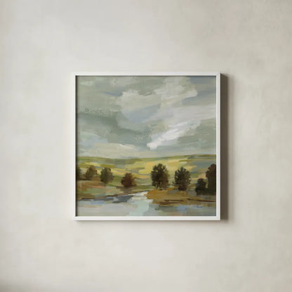 Country Landscape by Silvia Vassileva. Shown in a crisp white glass frame for a clean and minimalist style. Available as an archival giclee rolled canvas, fine art paper, or poster print. SKU 68576a.