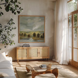 Country Landscape by Silvia Vassileva. Shown in a natural wood frame in a cozy modern living room. Available as an archival giclee rolled canvas, fine art paper, or poster print. SKU 68576a.