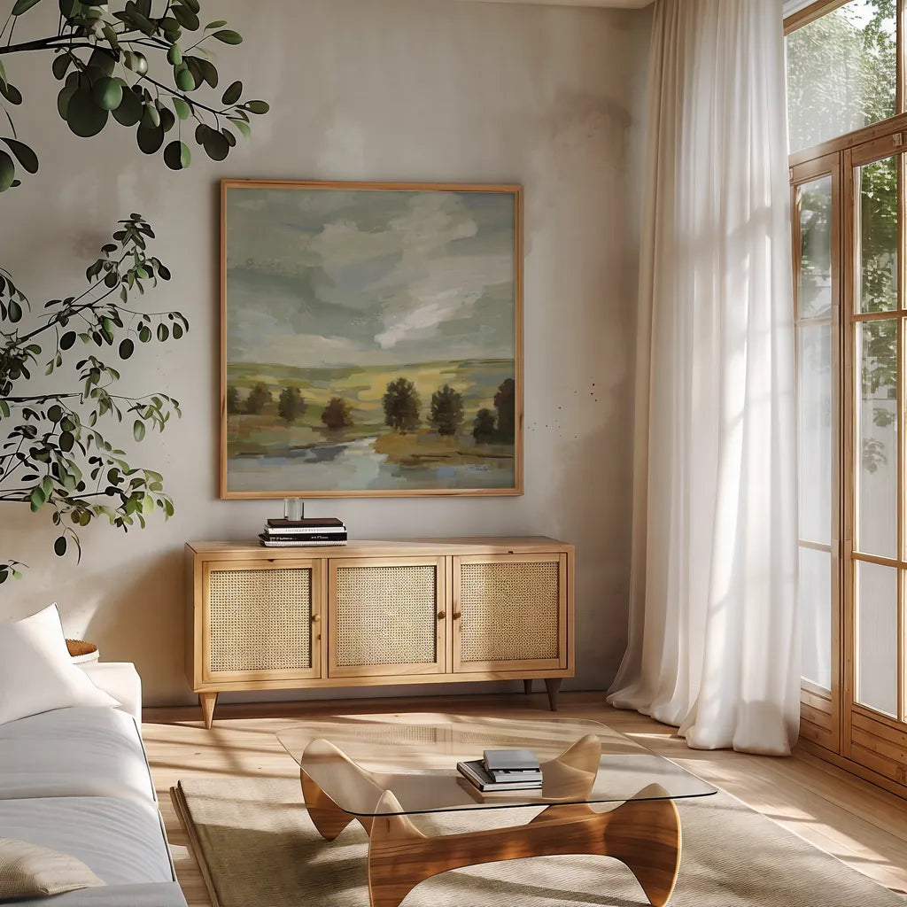 Country Landscape by Silvia Vassileva. Shown in a natural wood frame in a cozy modern living room. Available as an archival giclee rolled canvas, fine art paper, or poster print. SKU 68576a.