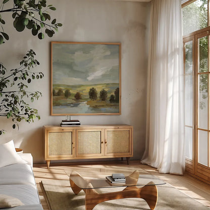 Country Landscape by Silvia Vassileva. Shown in a natural wood frame in a cozy modern living room. Available as an archival giclee rolled canvas, fine art paper, or poster print. SKU 68576a.