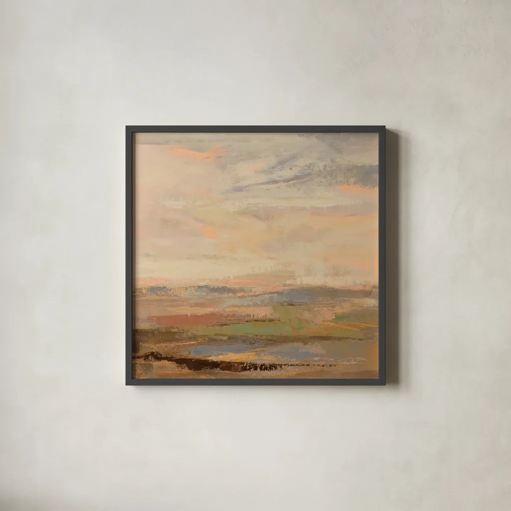 Countryside Sunrise by Silvia Vassileva. Shown in a sleek black glass frame for a contemporary gallery look. Available as an archival giclee rolled canvas, fine art paper, or poster print. SKU 86521a.