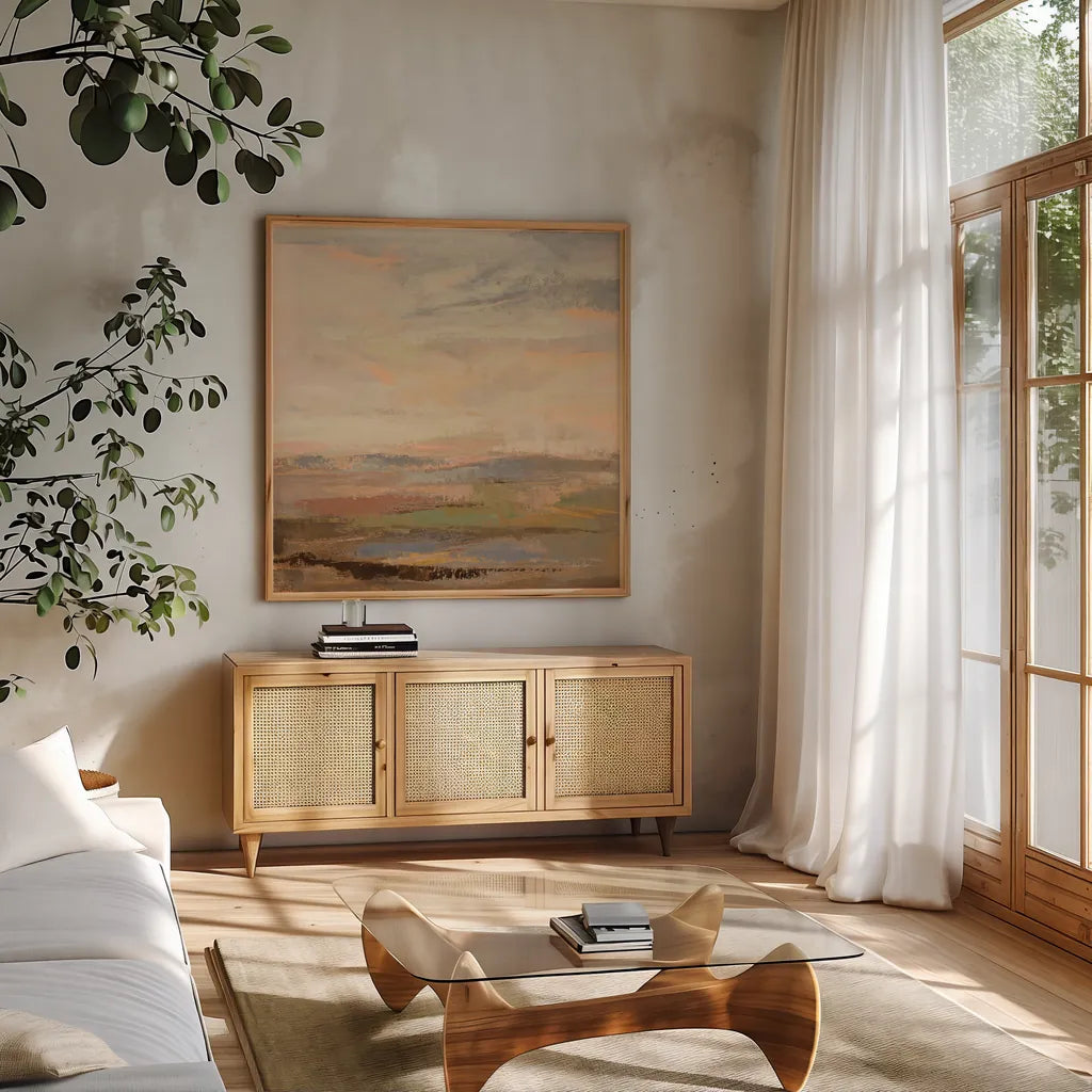 Countryside Sunrise by Silvia Vassileva. Shown in a natural wood frame in a cozy modern living room. Available as an archival giclee rolled canvas, fine art paper, or poster print. SKU 86521a.