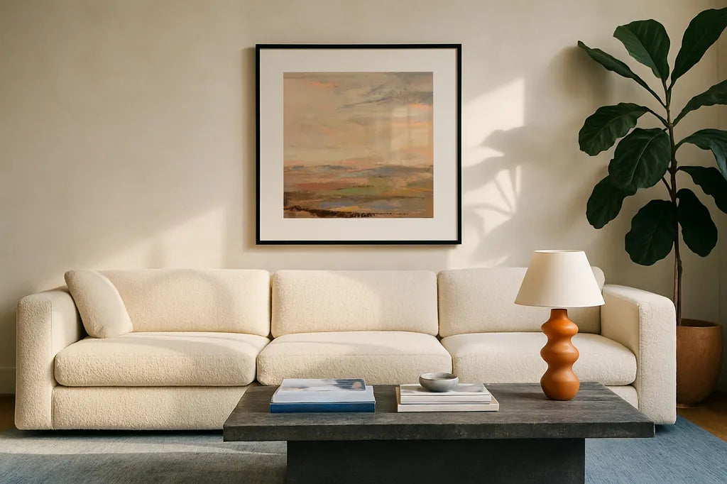 Countryside Sunrise by Silvia Vassileva. Displayed in a glass frame with matte in a clean modern living room. Available as an archival giclee rolled canvas, fine art paper, or poster print. SKU 86521a.